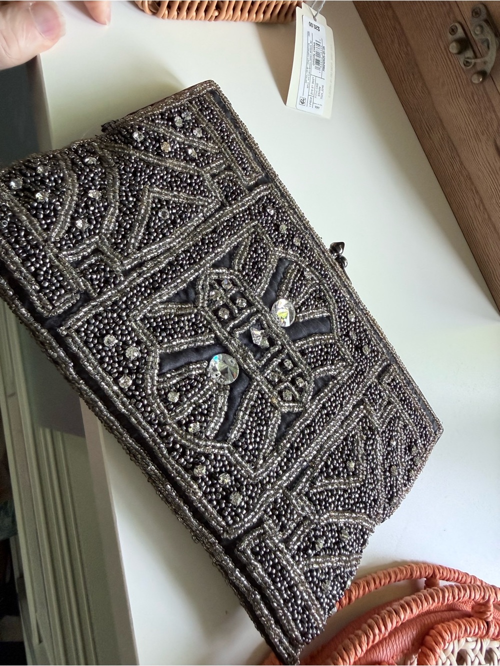 vintage jeweled Beaded Black Evening Clutch - Elegant Handheld Bag w strap chain